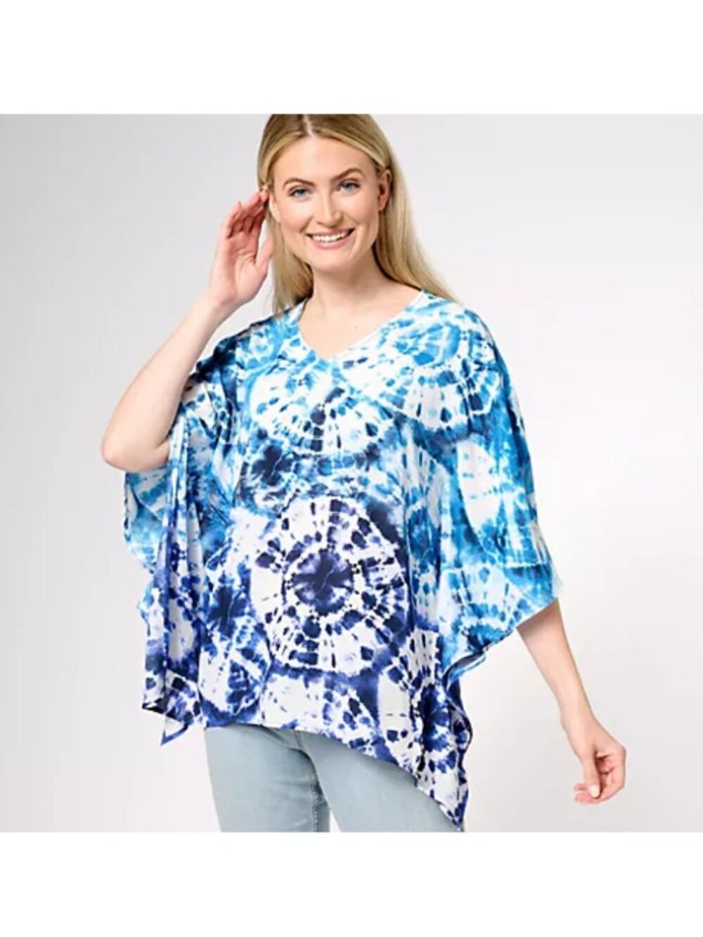 Belle by Kim Gravel Woven Top Woven Aloha Poncho Blue Lagoon 1X A596081
